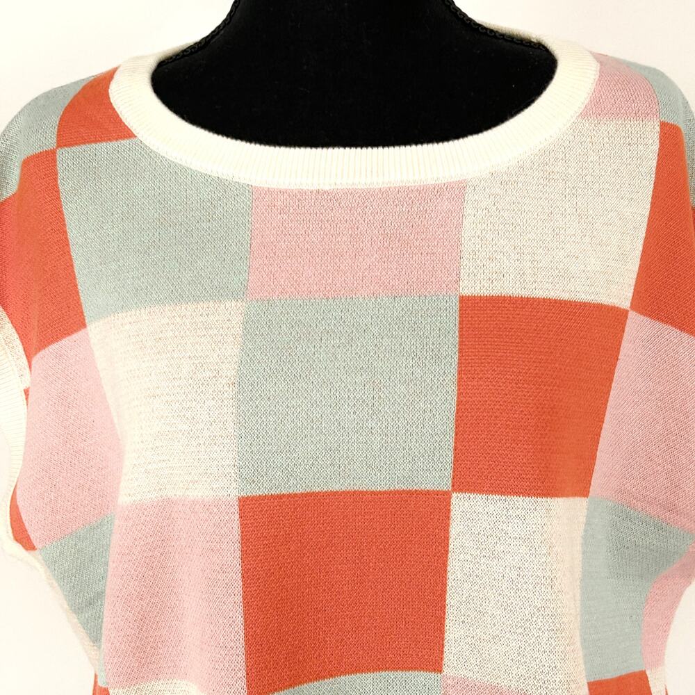 Oversized Soft Girl Checker Cap Sleeve Sweater Womens Boxy Pastel Knit Large NWT - Picture 2 of 8